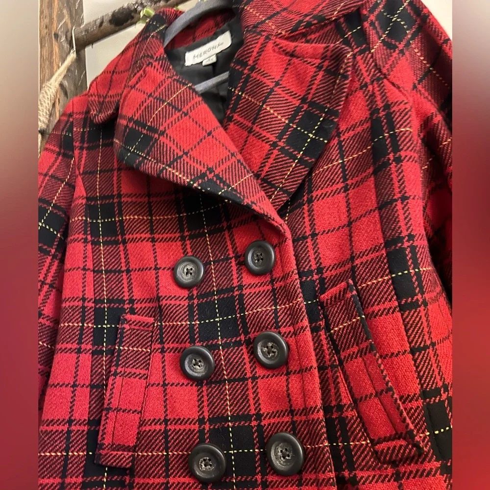 Merona Double-Breasted Red Pea Coat EUC - Picture 2 of 6